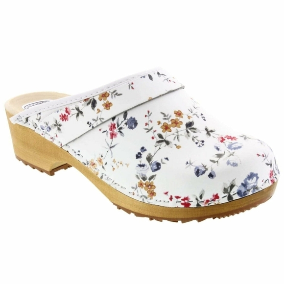 LINNEA Wood Open Back Flower Print Traction Slip-on Round Toe Leather Clogs - Picture 13 of 14